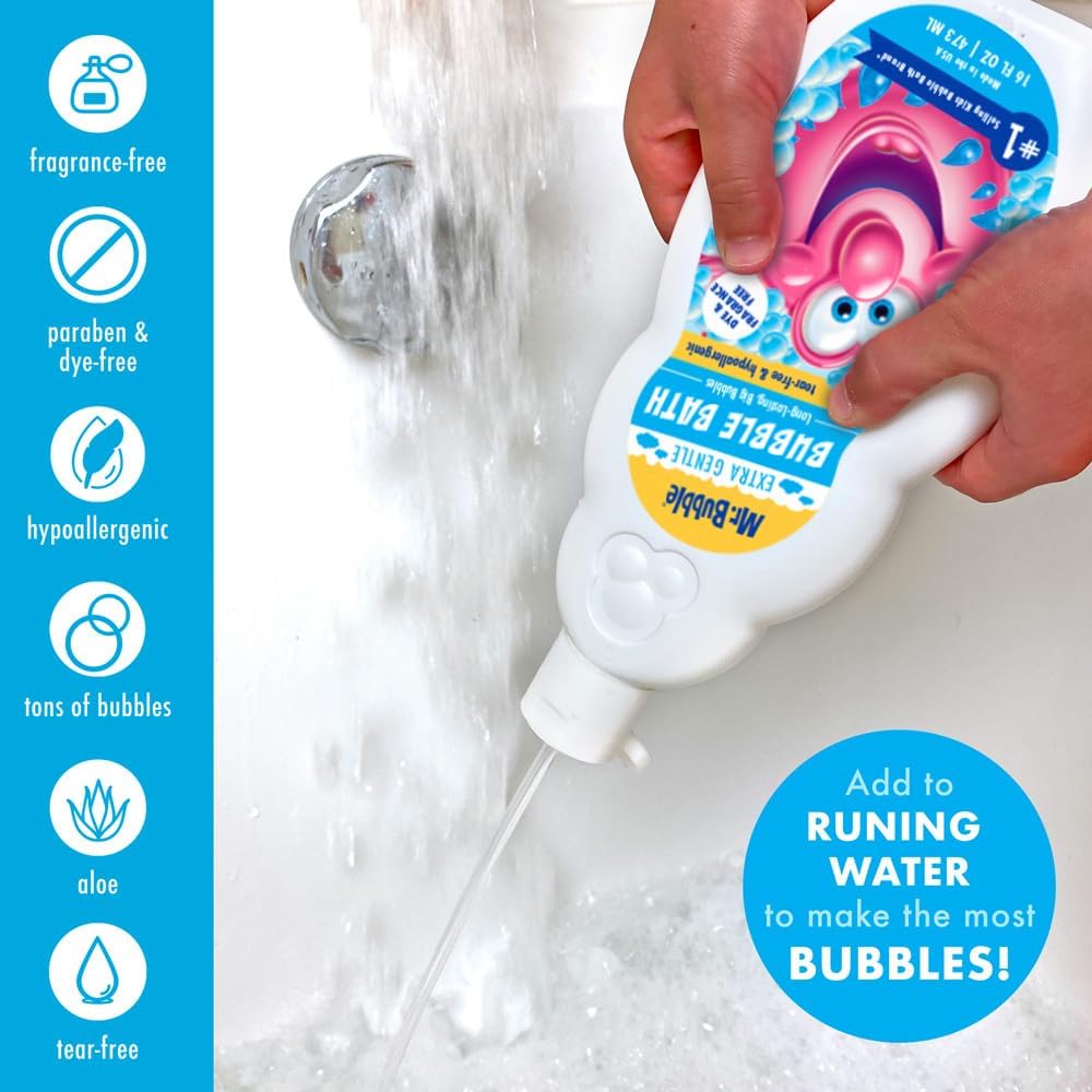 Mr. Bubble Extra Gentle Bubble Bath - Hypoallergenic, Tear Free Bubble Bath Solution Perfect for Sensitive Skin (Pack of 2 Bottles, 16 fl oz Each)