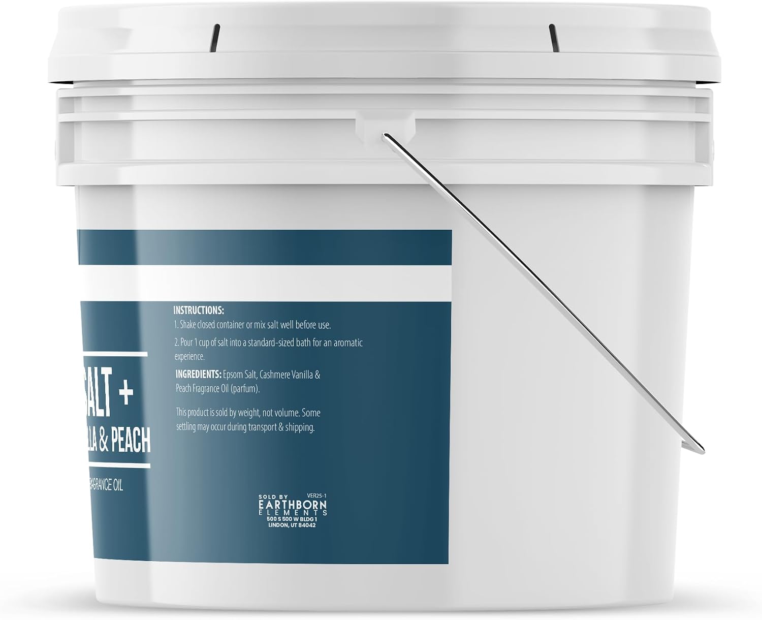 Earthborn Elements Cashmere Vanilla & Peach Epsom Salt 8 lb, One Gallon Bucket, Pure & Undiluted, Soaking Salt with Fragrance
