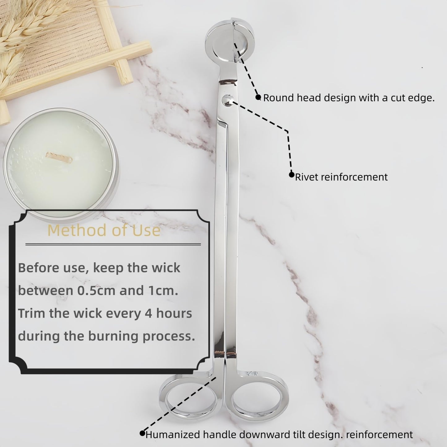Silver Candle Wick Trimmer, Nickel-Plated Copper, 7.09 Inch Length, Round Head Design with Cut Edge, Rivet Reinforced