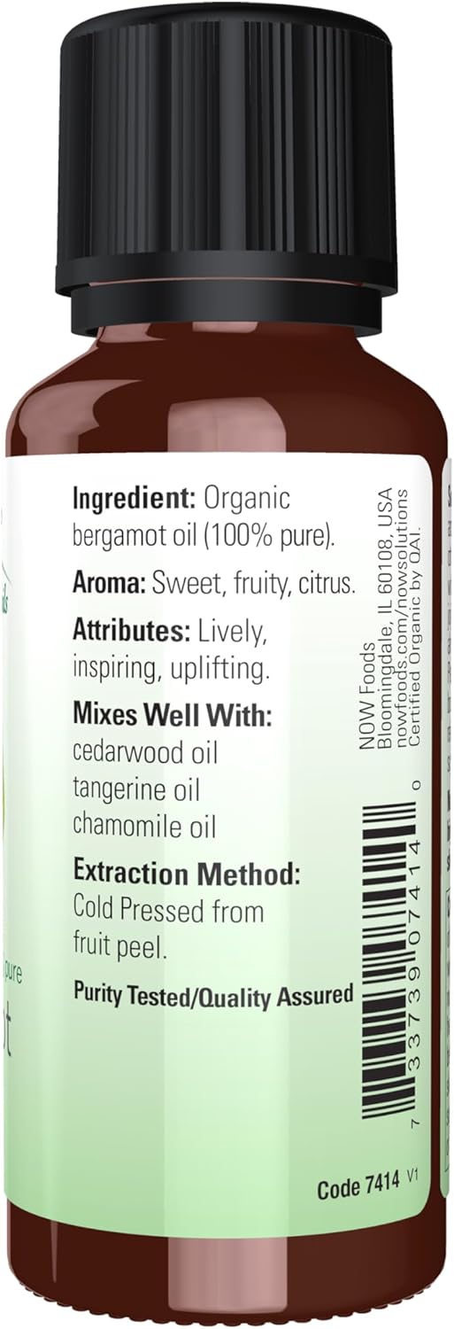 NOW Essential Oils, Organic Bergamot Oil, Sweet Aromatherapy Scent, Cold Pressed, 100% Pure, Vegan, Child Resistant Cap, 1-Ounce