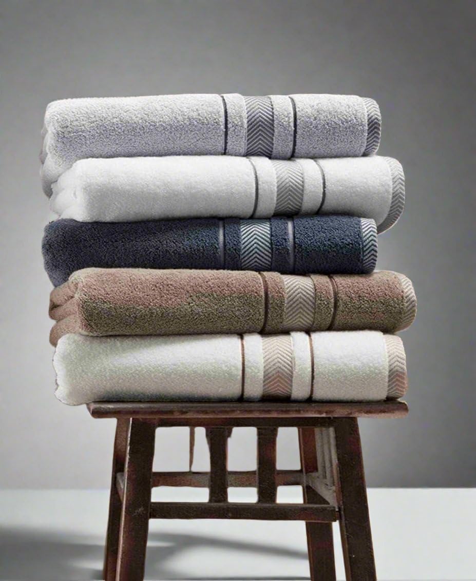 Bath Towels Set for Bathroom – Luxury 6-Piece Cotton Towels, Soft Absorbent & Quick Dry, 600 GSM Bath Towels for Bathroom, Hotel Spa Quality (2 Bath, 2 Hand, 2 Washcloths, White Grey Stripe)