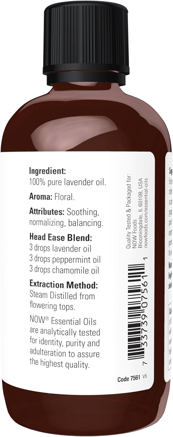 NOW Essential Oils, Lavender Oil, Soothing Aromatherapy Scent, Steam Distilled, 100% Pure, Vegan, Child Resistant Cap, 4-Ounce