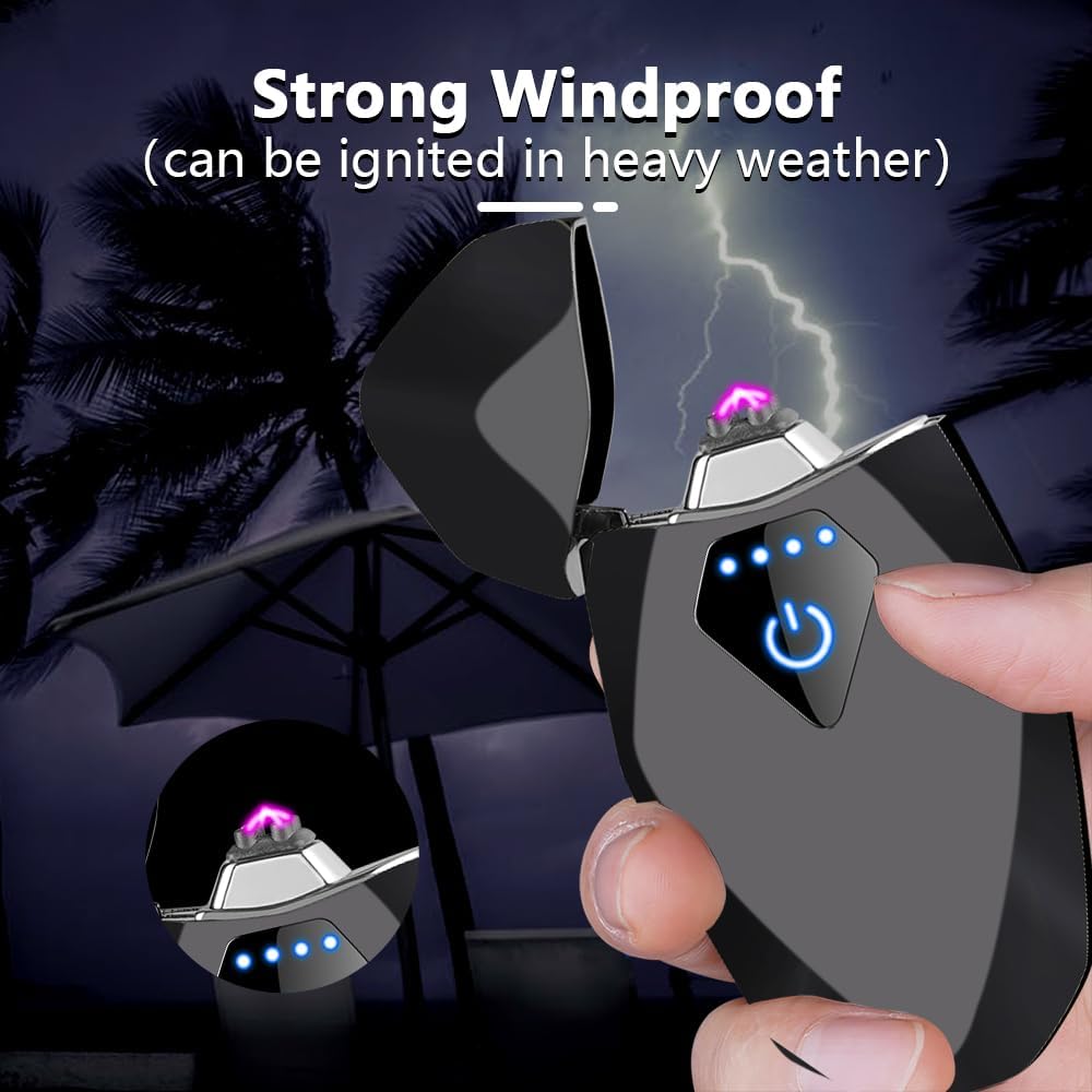 Plasma Lighter Windproof Dual Arc Lighter USB Rechargeable Electric Lighters with LED Battery Indicator Mini Pocket Lighters for Candle（Business Black）