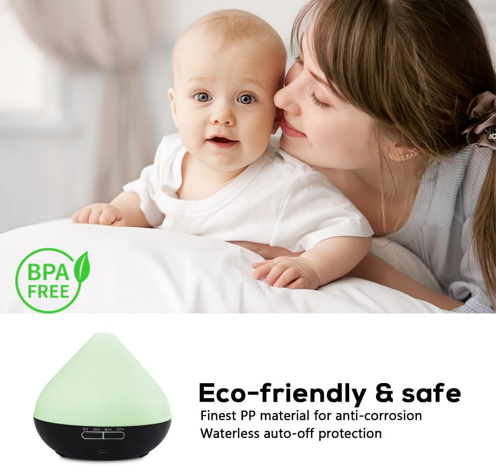 550ml Large Capacity Diffuser with Essential Oils, Aromatherapy Ultrasonic Air Humidifier for Bedroom, 7 LED Lights, Timer and Waterless Auto-Off for Home Decor Gift,Office Spa
