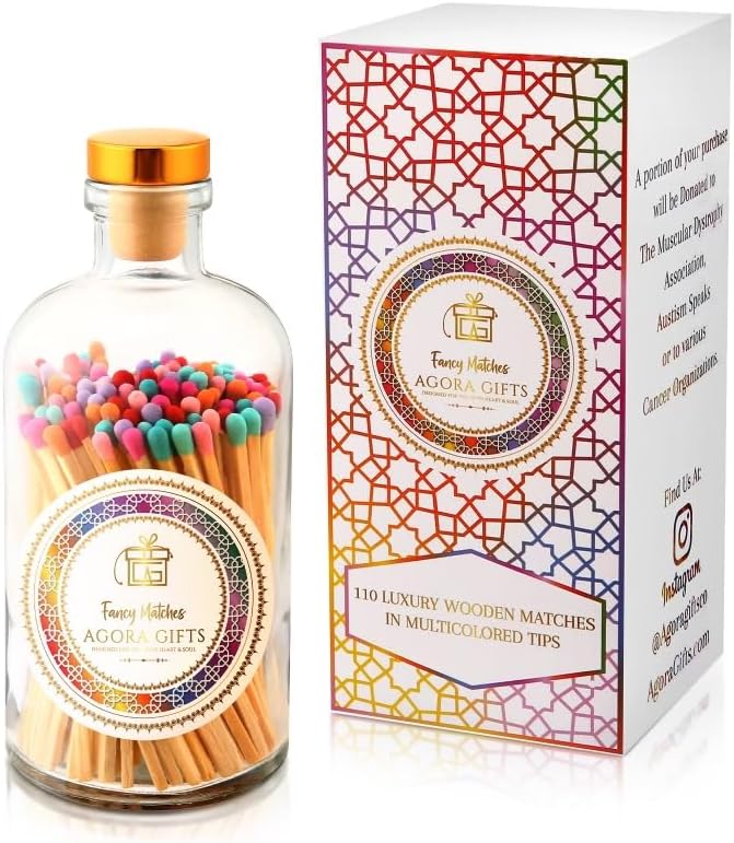 Premium Decorative Wooden Candle Matches, 4 Inch Matchsticks, Colorful Safety Matches in Apothecary Jar