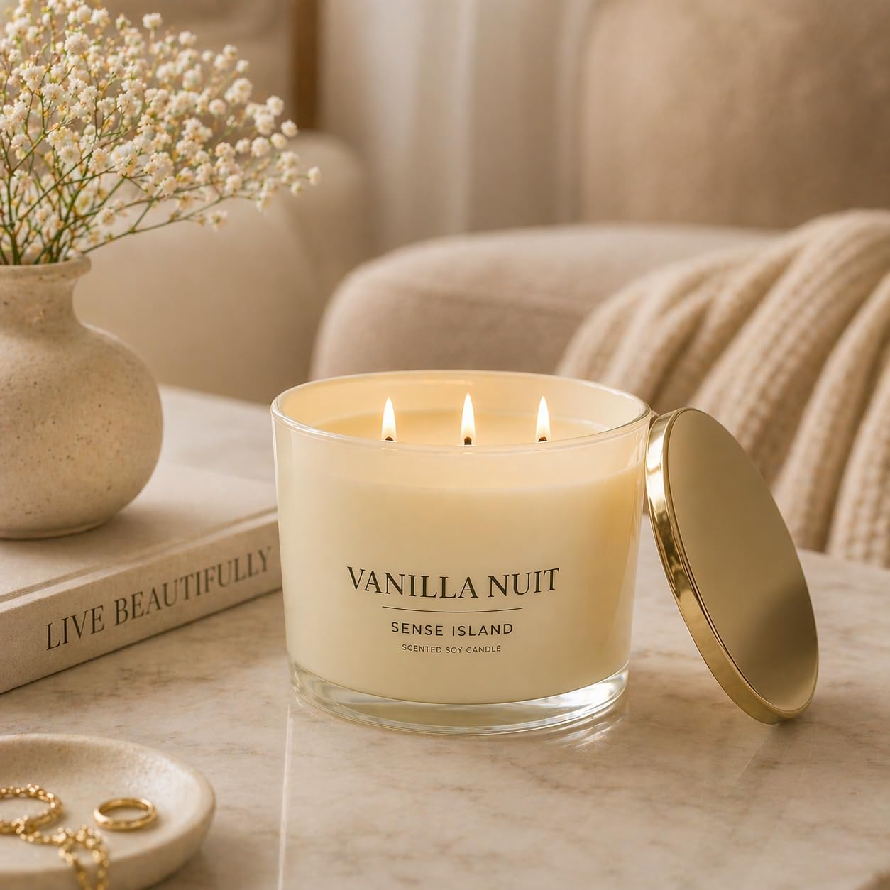 Vanilla Nuit 3 Wick Soy Candle – Large Creamy Vanilla Scented Candle for Home with Gold Lid & Beige Glass Vessal, Natural Soy Wax, Long Lasting Burn – Sensual Gourmand Fragrance, Luxury Gift for Women