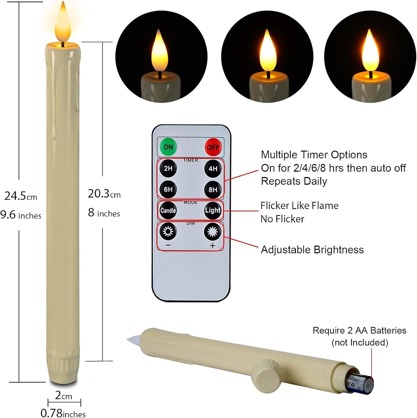 Homemory 3 Pcs Flameless Taper Candles with Remote Timer Dimmer, 9.6" Ivory LED Candlesticks Battery Operated, Plastic Flickering Flameless Candles for Fireplace Wedding Seasonal Indoor Decorations