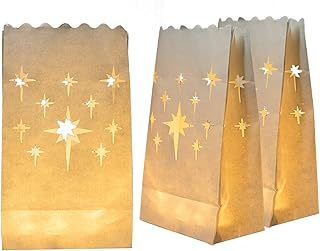 Homemory White Luminary Bags, Upgraded Moisture-Proof Candle Bags, Stars Design Luminaries for Wedding, Party, Halloween, Thanksgiving, Christmas (24)
