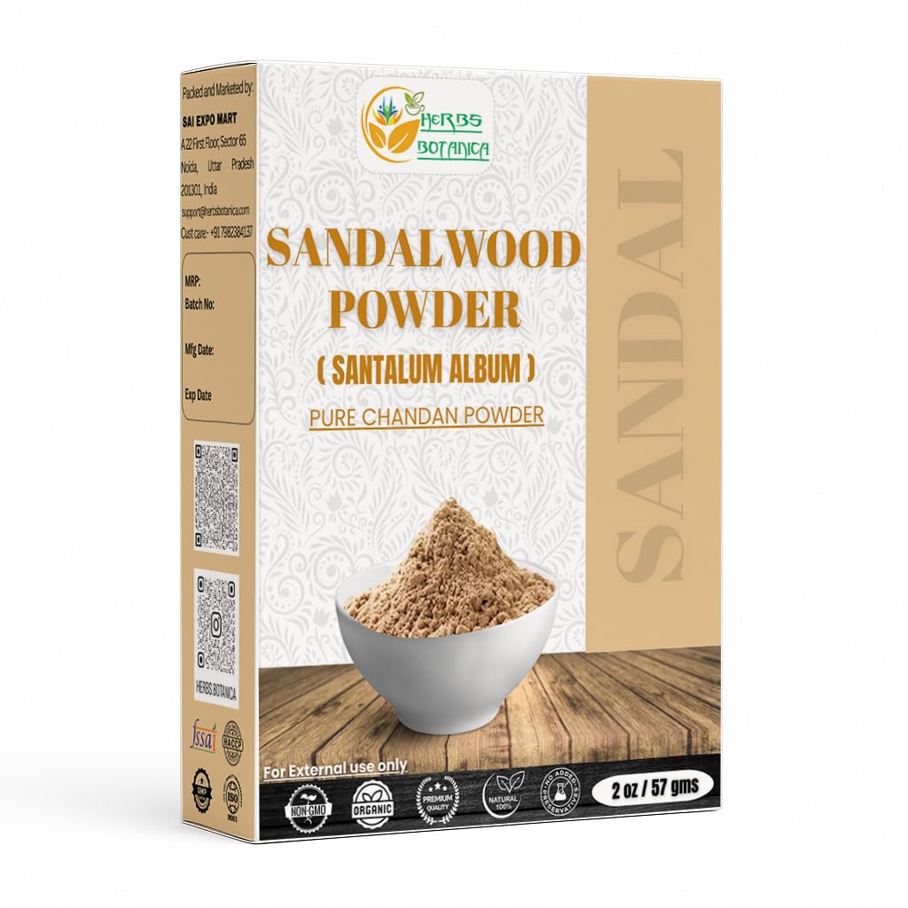 Herbs Botanica Chandan Sandalwood Powder Natural 2 oz For Skin, Face Pack, Face Mask, Worship Tilak, Auspicious Occasions 100% Natural, Soothing, Cleansing, Wrinkles