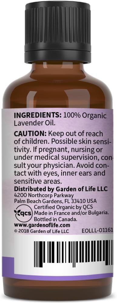 Garden of Life Essential Oil, Lavender 1 fl oz (30 mL), 100% USDA Organic & Pure, Clean, Undiluted & Non-GMO - for Diffuser, Aromatherapy, Meditation, Skincare, Sleep - Calming, Relaxing, Soothing