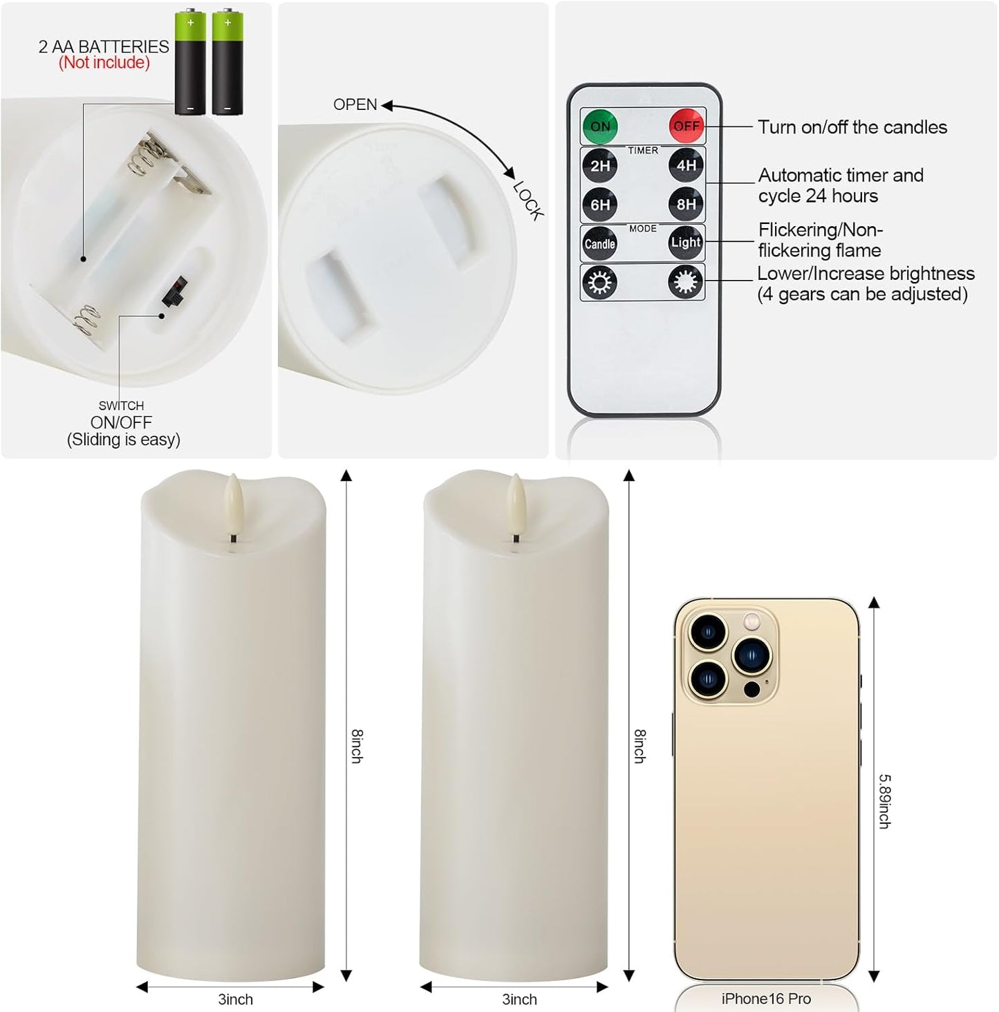 Raycare 8"x3" Outdoor Waterproof Flameless Candles with Remote and Timer, Battery Operated LED Electric Fake Pillar Candle for Christmas Home Wedding Decor, Ivory White, Set of 2