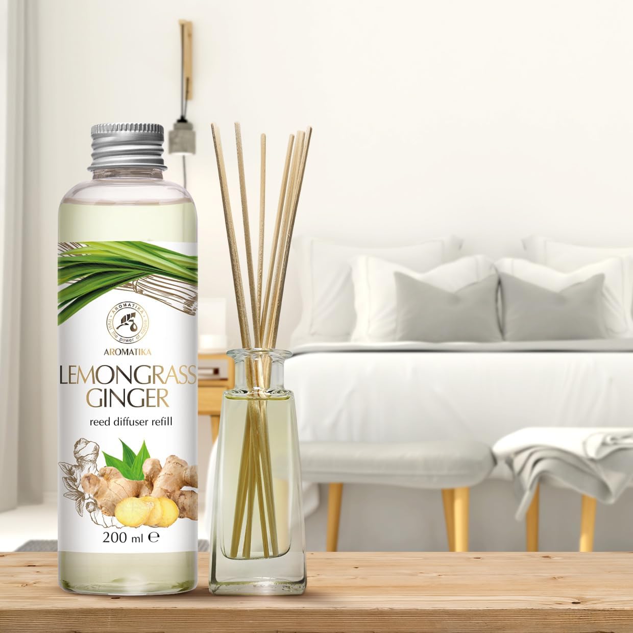 Reed Diffuser Refill Lemongrass-Ginger 6.8Fl Oz - Aroma Diffuser Refill with Essential Ginger Oil - Fragrance Diffuser - Spicy and Fresh Fragrance - Natural Fragrance - Aromatherapy - Air Freshener