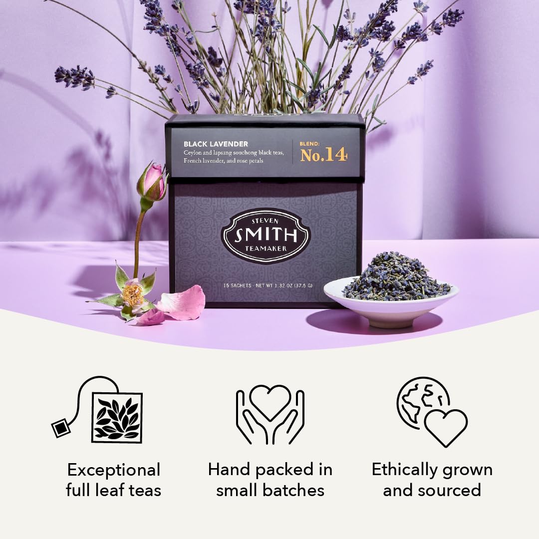 Steven Smith Teamaker Black Lavender No. 14, Lady Grey, Caffeinated, Sugar-Free, Sustainably Grown Full Leaf Black Tea Bags, 15 Sachets, 1.32oz each
