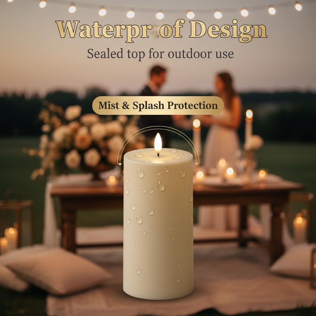 ANGELLOONG Flameless Pillar Candles with Timer, 2 Pack 3 x 6 Inch Waterproof Battery Operated Flickering LED Candle for Outdoor Wedding Table Decor