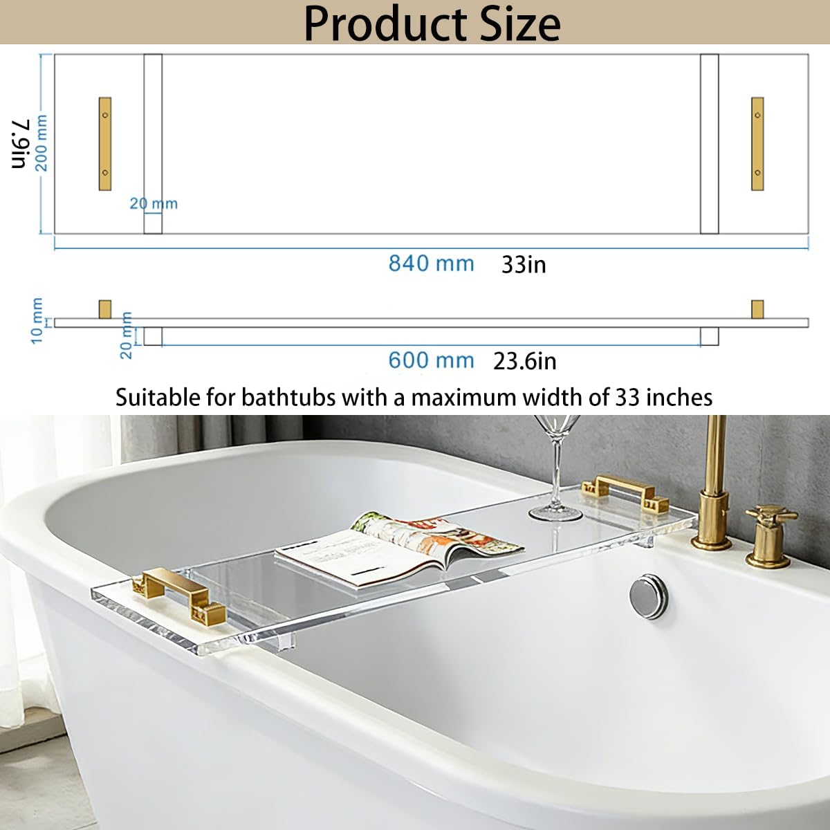 33in Clear Acrylic Bathtub Caddy with Metal Handles, Multifunctional Bath Tub Tray Bathtub Shelf Tray Simple Bath Board for Wine Glass,Book & Bathroom Essentials, Tubs Spa Gift for Men & Women