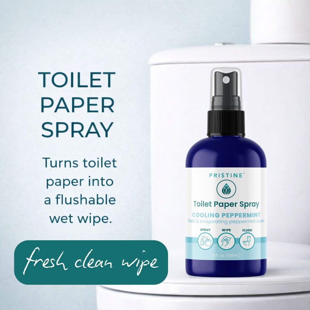 PRISTINE Toilet Paper Spray, As Seen on Shark Tank, Flushable Wipe Alternative, Personal Cleansing Bathroom Spray for Regular Toilet Tissue, Bidet Alternative, Made in USA, Cooling Peppermint, 4oz