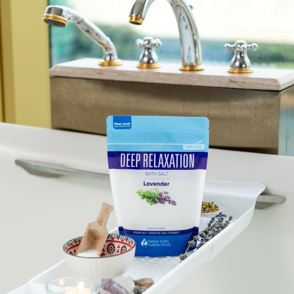 Deep Relaxation Bath Salt 32 Ounces Epsom Salt with Natural Lavender Essential Oil Plus Vitamin C in BPA Free Pouch with Easy Press-Lock Seal