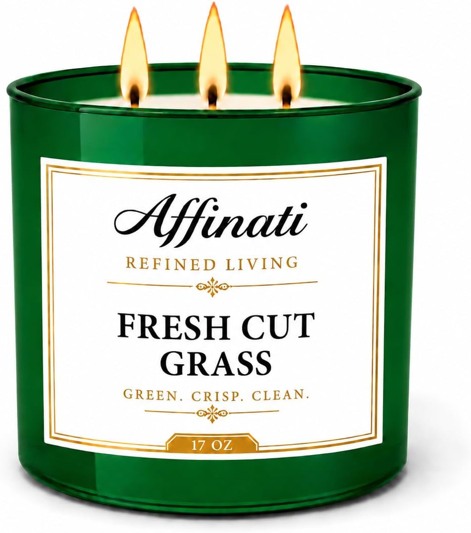 Affinati Fresh Cut Grass 3 Wick Scented Candle – Large Soy Blend Candle, Strong Scent Throw Crisp Green Botanical Aromatherapy Candles, Premium Luxury Home Fragrance