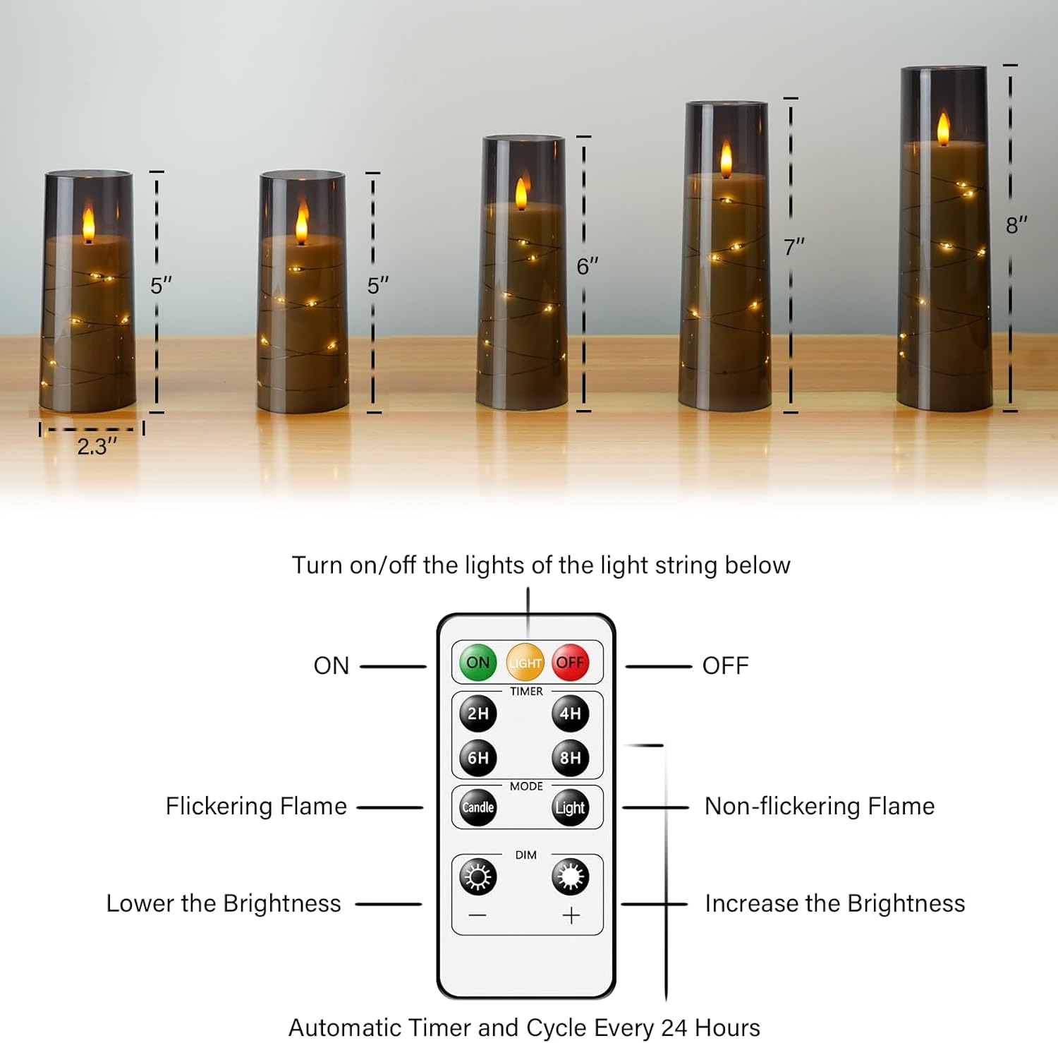 kakoya Flameless LED Candles with Timer 5 Pc Flickering Flameless Candles for Romantic Ambiance and Home Decoration Stable Acrylic Shell,with Embedded Star String，Battery Operated Candles（Grey）