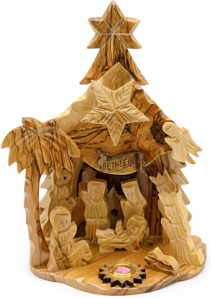 Zuluf Olive Wood Musical Nativity Set | Handcrafted Tabletop Christmas Scene with Incense & Holy Land Certificate | Christian Holiday Decor Gift for Home Display, 8x6 Inches