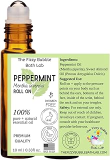Organic Peppermint Essential Oil Roll On, 100% Pure USDA Certified, Mentha Piperita, Aromatherapy for Headache, Migraine, Hair & Energy - 10 ml Roller by The Fizzy Bubble Bath Lab