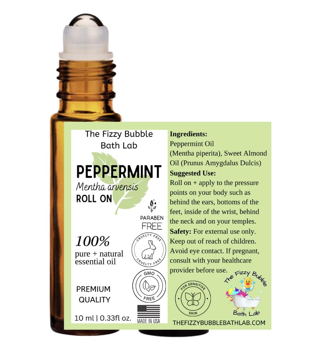 Organic Peppermint Essential Oil Roll On, 100% Pure USDA Certified, Mentha Piperita, Aromatherapy for Headache, Migraine, Hair & Energy - 10 ml Roller by The Fizzy Bubble Bath Lab