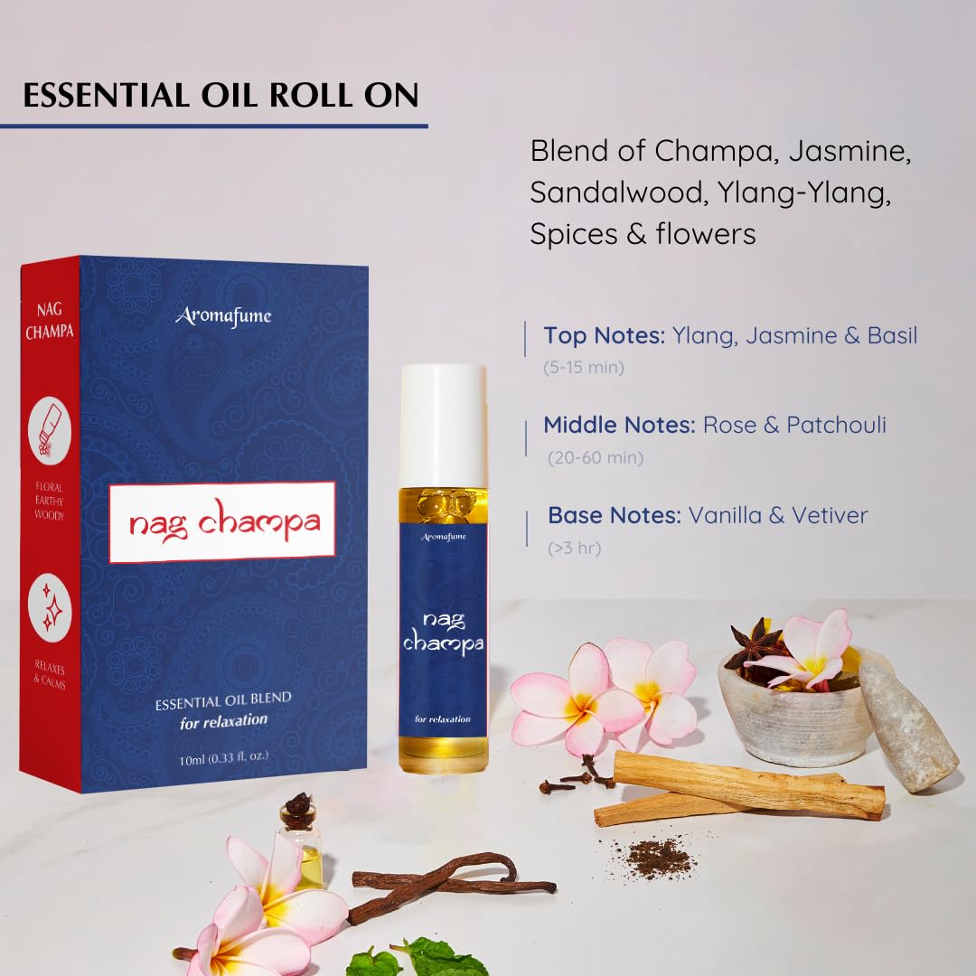 Nag Champa Essential Oil Roll-On Blend by Aromafume | 10ml | Made with Sandalwood, Jasmine, Ylang Ylang & Champa Flower extracts | Ideal for Meditation & Rituals | Pure Oil