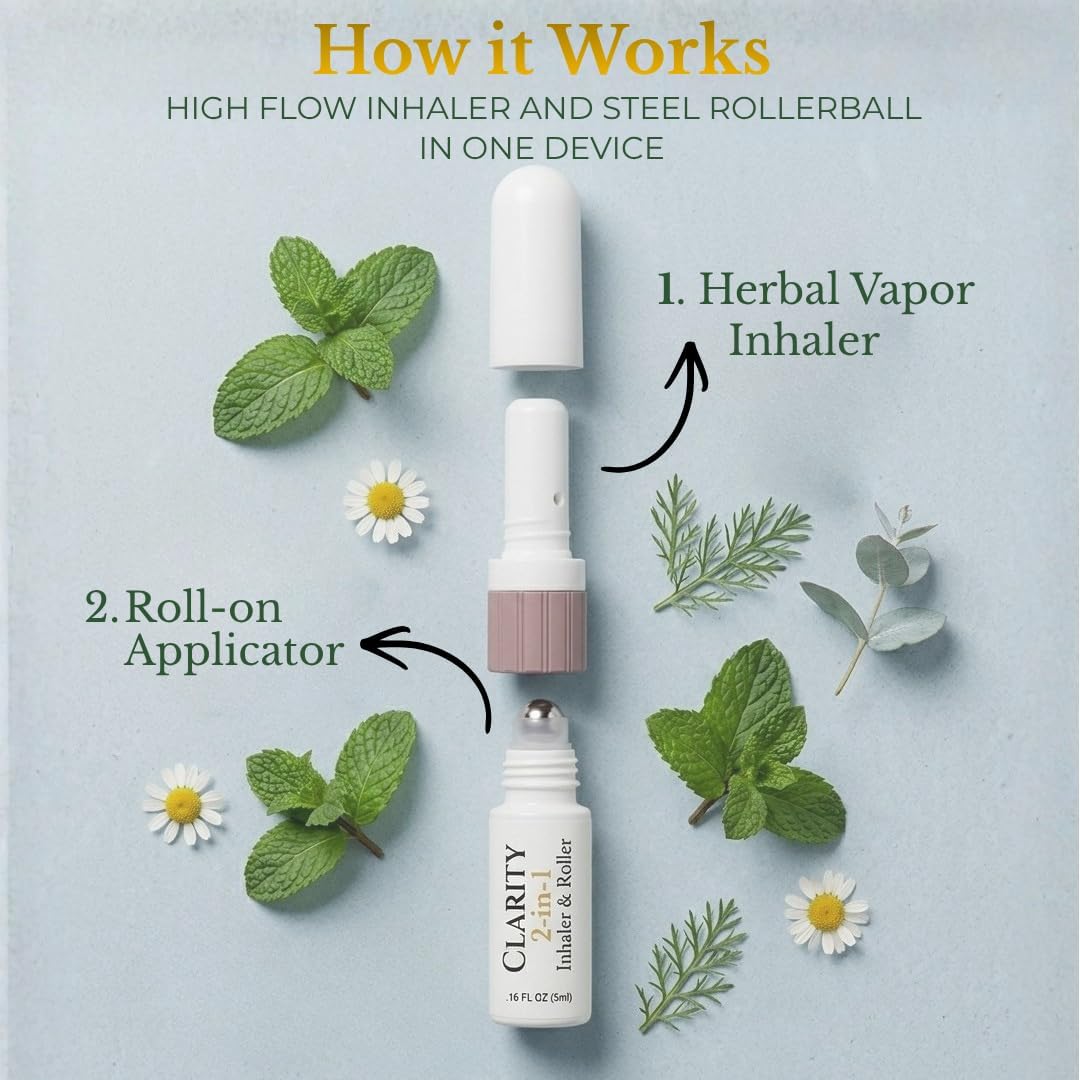 2-in-1 Nasal Inhaler & Essential Oil Roll-On for Headaches, Migraines & Stress | Fast-Acting Relief, Drug-Free, Non-Drowsy, All Natural, Portable (Clarity - 5 mL)