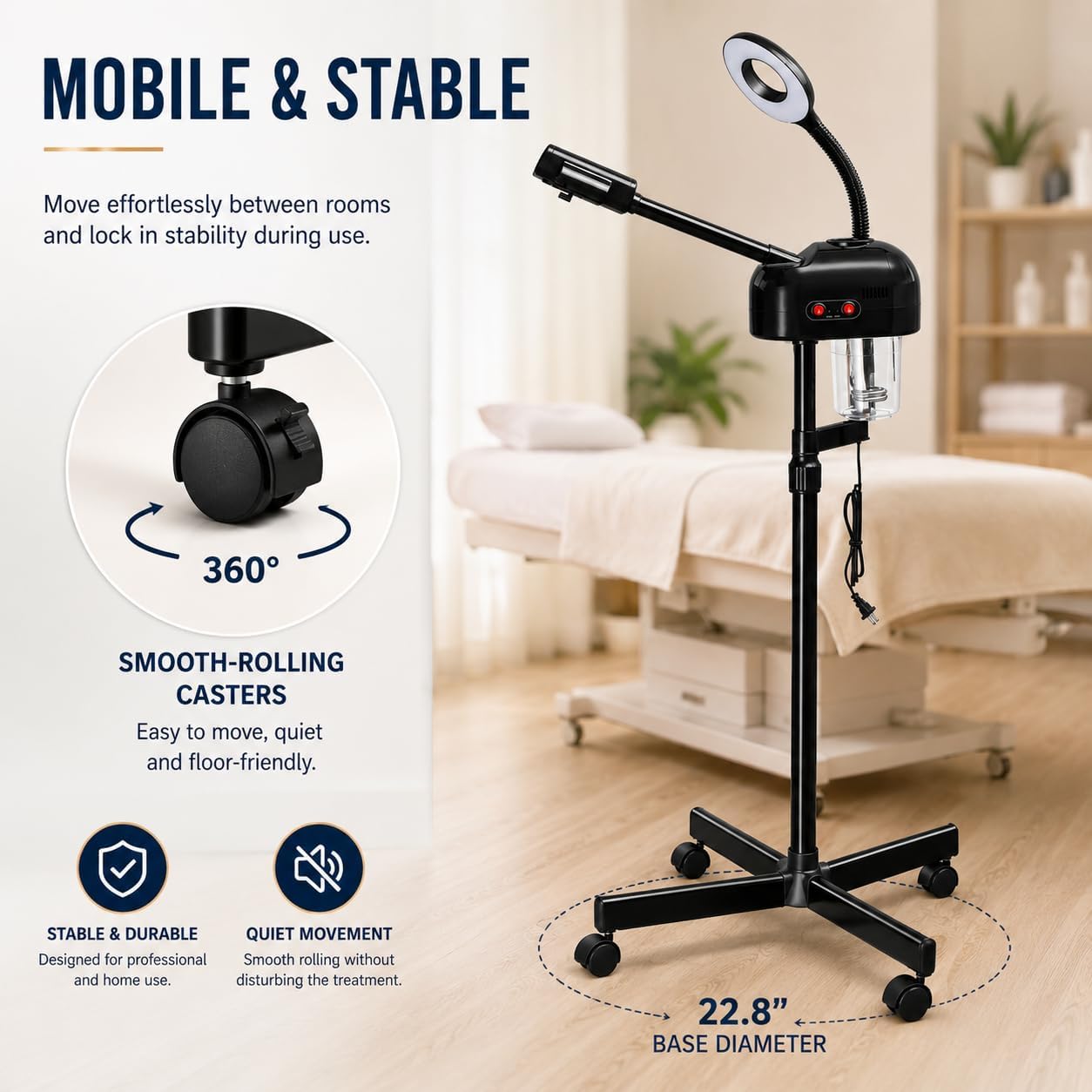 2-in-1 Professional Facial Steamer with 3X Magnifying Lamp, Ozone Face Steamer with Adjustable Height, Rolling Stand, 750W, Black