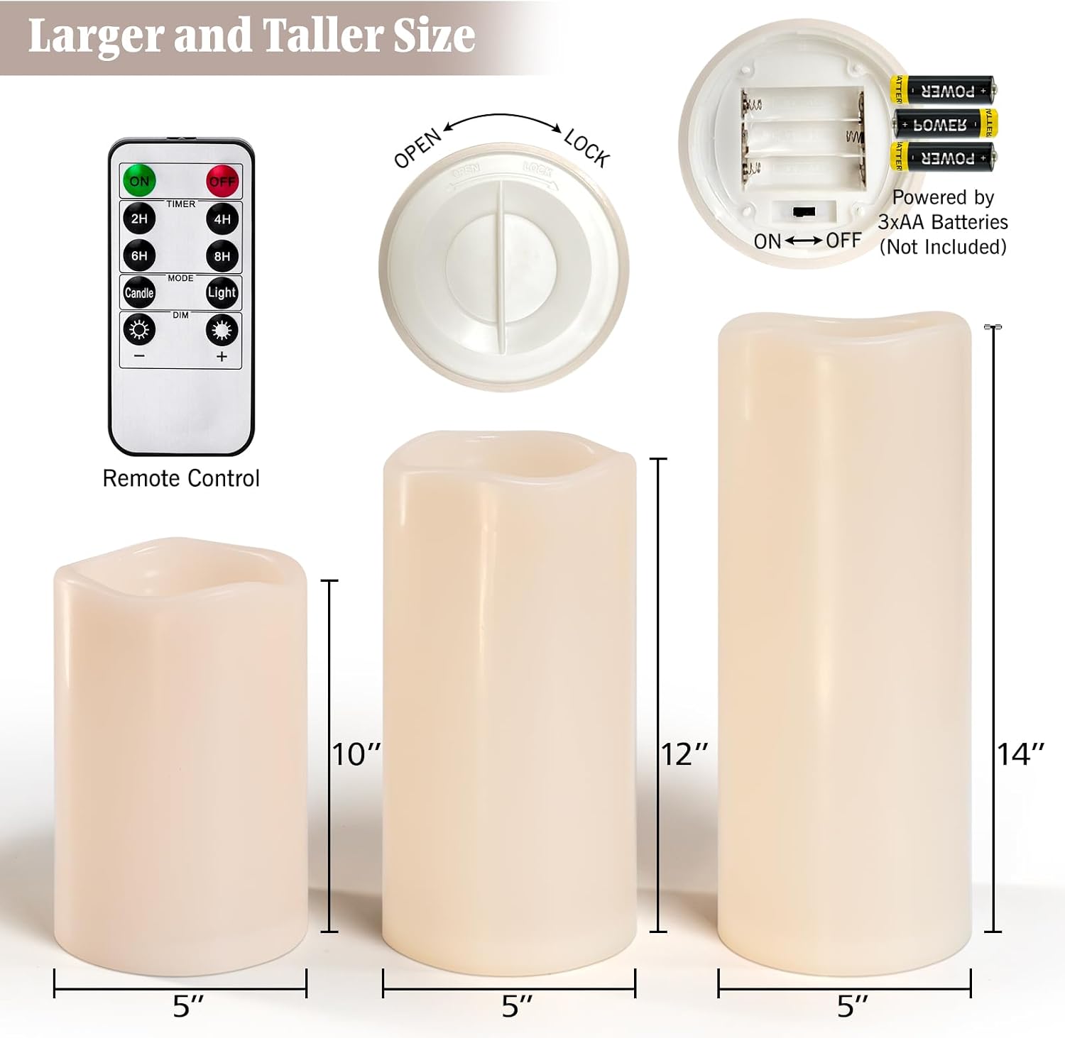 10" 12" 14" x 5" Extra Large Waterproof Outdoor Flameless Candles Battery Operated LED Pillar Candles for Indoor Outdoor Lanterns, Off White, Long Lasting, Set of 3