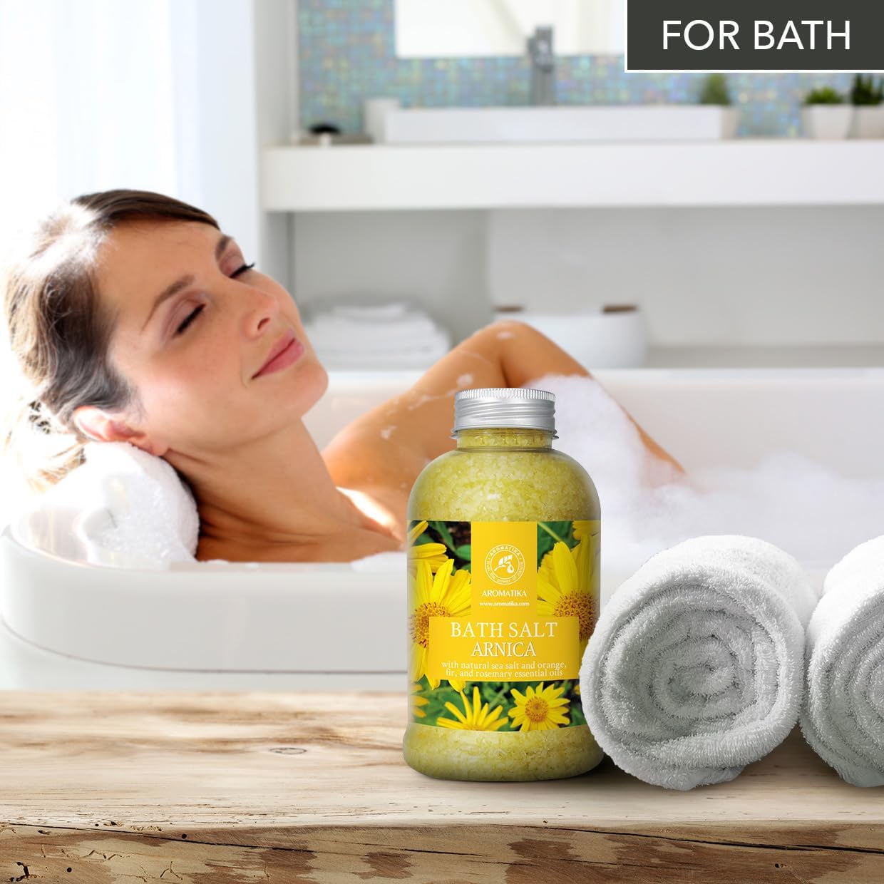 Arnica Bath Salts 21.16 Oz - 100% Natural Rosemary Orange and Fir Essential Oils - Sea Salt Arnica 600g - Best for Bath - Good Sleep - Relaxing - Body Care - Beauty