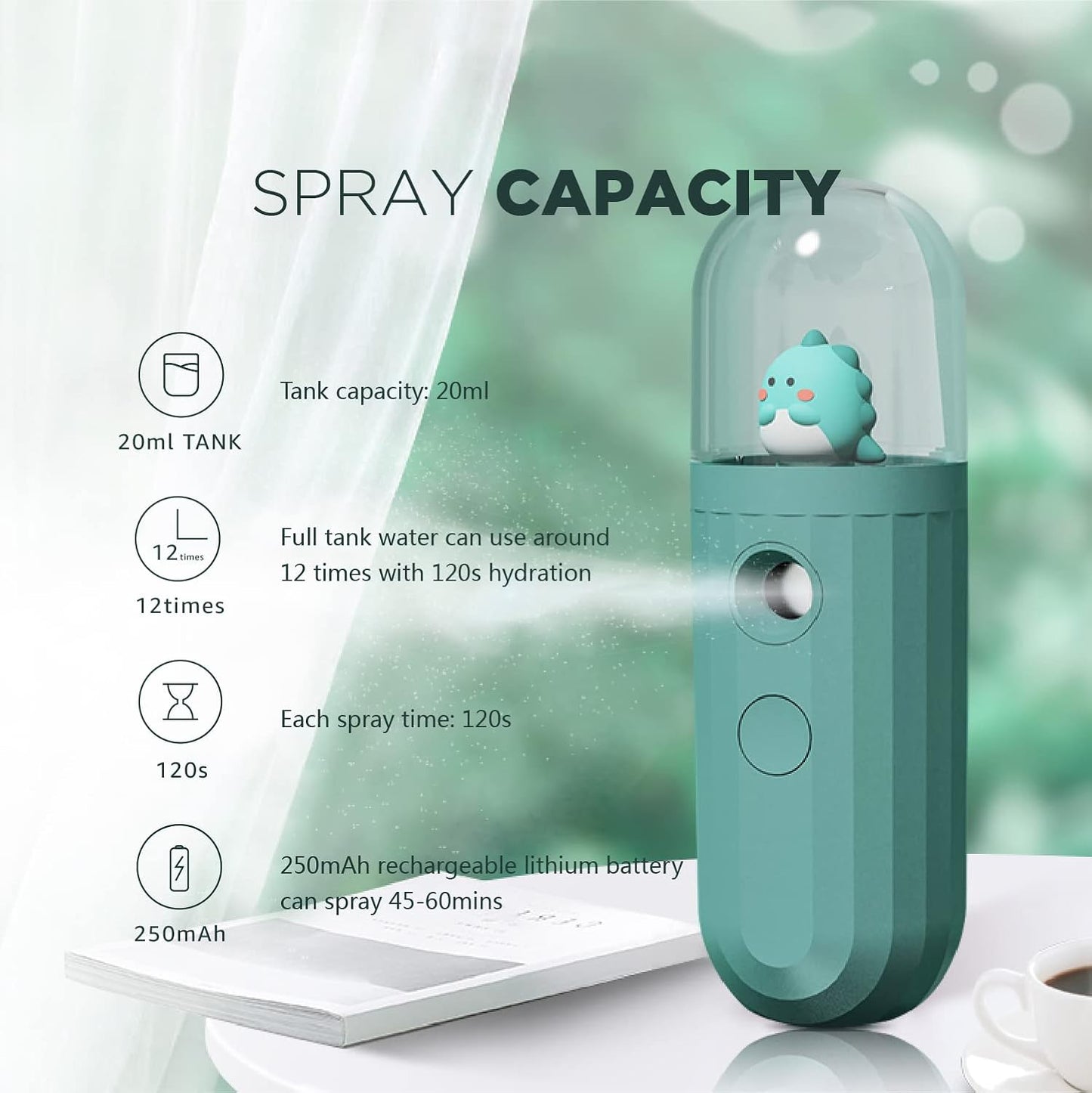 Nano Mister, Mate2GO Eyelash Nebulizer Nano Facial Mister Cool Mist Steamer Handy Mist Sprayer Moisturizing & Hydrating for Skin Care, Makeup, Eyelash Extensions, USB Rechargeable - Green