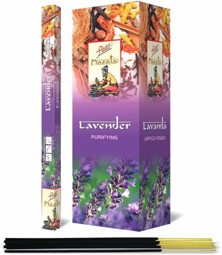 Flute Lavender Masala Incense Sticks | Premium Incense for Deep Relaxation, Sleep and Positive Energy | 7 Sticks/Pack, 25 Packs/Box, 9" 175 Sticks with 45 Mins Burning time