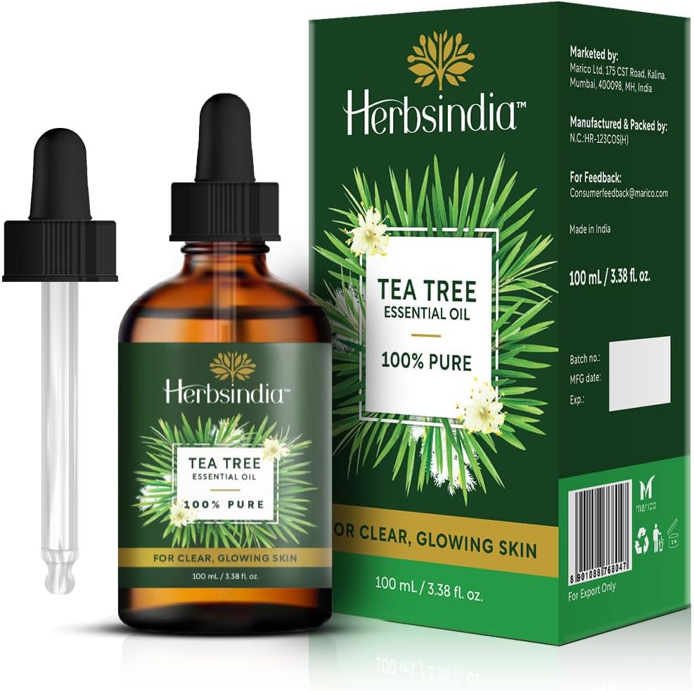 HerbsIndia Tea Tree Essential Oil for Skin - Huge 3.3 Fl Oz - 100% Pure - Premium Grade with Glass Dropper, Undiluted, Non-GMO