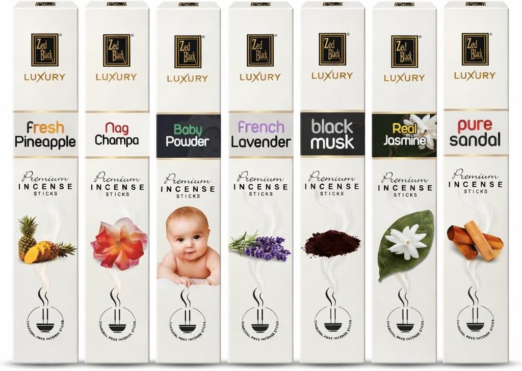 Incense Sticks Variety Pack 7 Luxury Fragrances - Nag Champa, French Lavender, Jasmine, Sandalwood, Pineapple, Black Musk, Baby Powder Incense for Meditation, Yoga & Home Aroma, Krishnascents