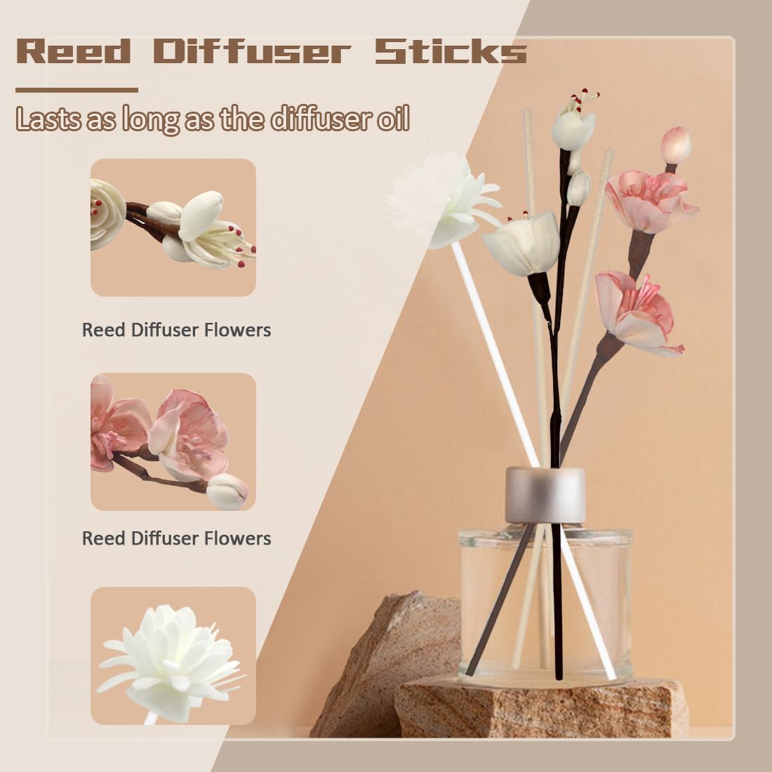 16Pcs Natural Rattan Reed Diffuser Sticks with Handmade Flowers, Aroma Fragrance Diffuser Refill Replacement Set, Strong Scent Absorption for Home Office Bedroom Decor
