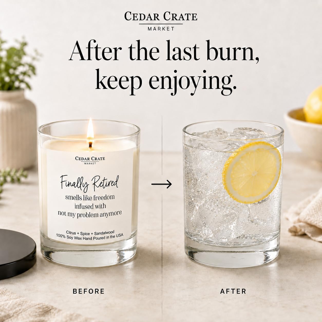 Cedar Crate Market - Retirement Gift for Woman, Men - Finally Retired Soy Wax Candle,Caribbean Retreat Scented, 60 Hours Burn, Eco-Friendly Glass Jar, Farewell Presents for Coworkers - Made in USA