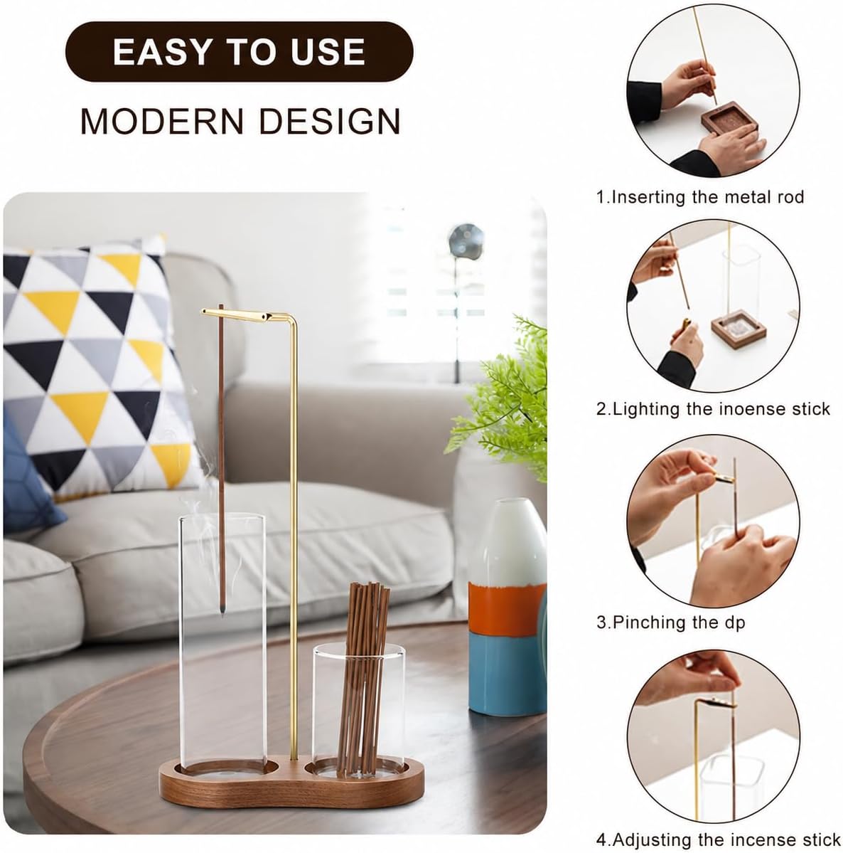 Incense Holder, 3 in 1 for Sticks with Detachable Anti-Ash Flying Incense Burner with Glass Ash Catcher andSticks Organizer Handmade Wooden Tray for Meditation Yoga Room Decor Package