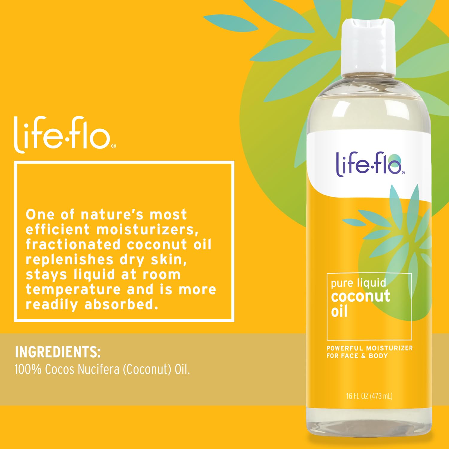 LIFE-FLO Pure Coconut Oil, Fractionated, Refined Liquid Coconut Oil, Skin Care, Hair Care, Massage, Aromatherapy, All Skin Types, Hypoallergenic, 60-Day Guarantee, Not Tested on Animals, 16oz
