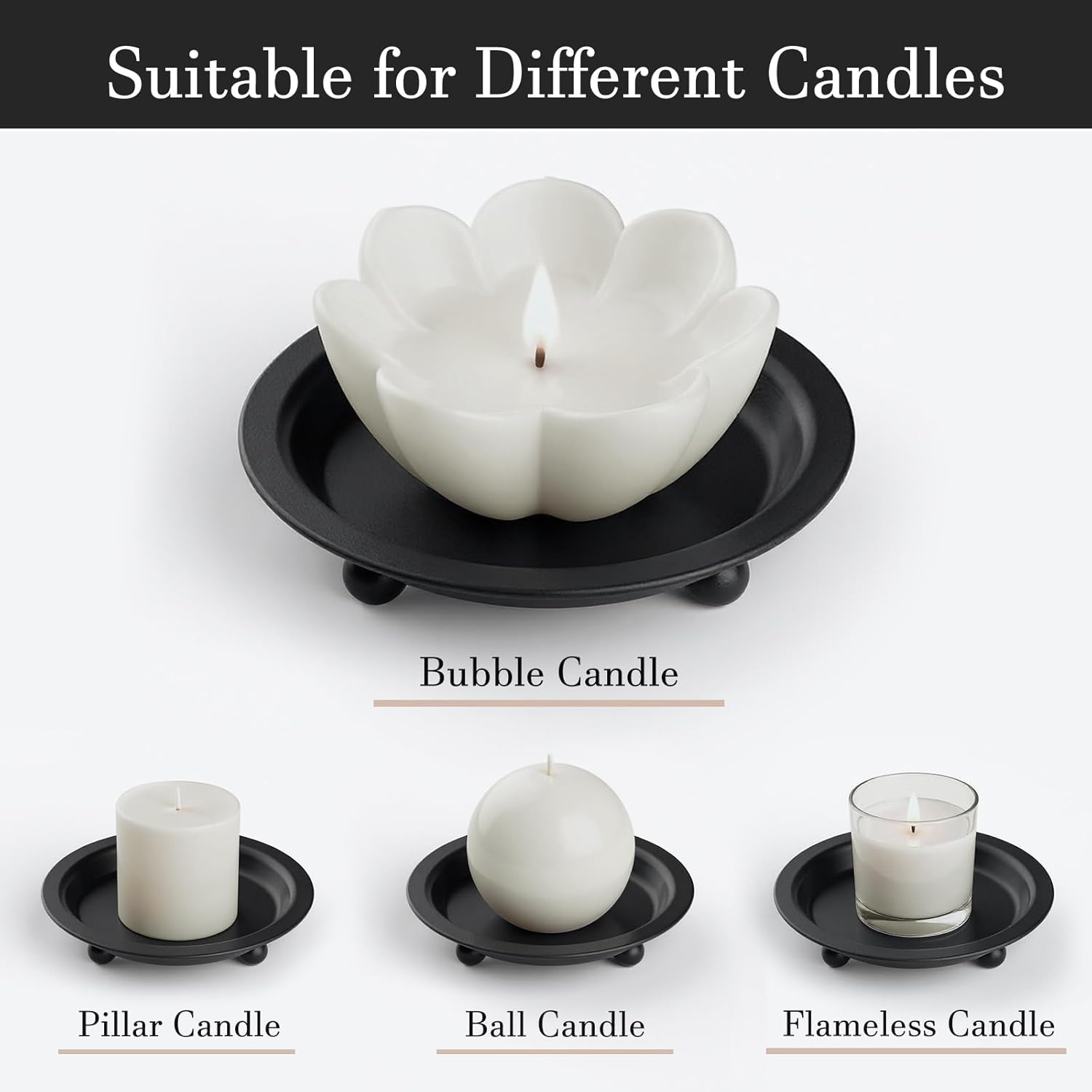 Black Candle Candlestick Holder Decor, 4.13 Inch Round Candles Tray Holders Set of 2, Iron Plate Candle Stand for Pillar Ball Candles, Metal Porta Velas for Home Decor Table Centerpiece