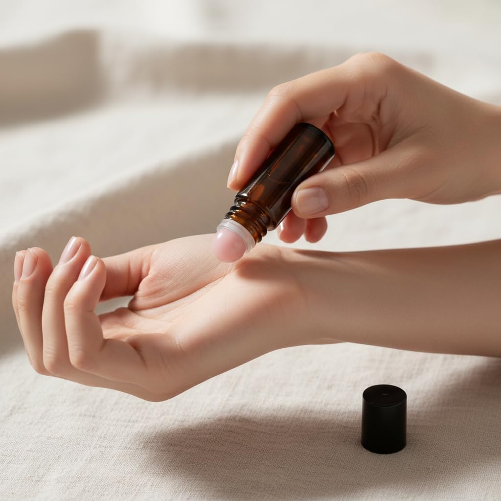 30ml Amber Glass Roll On Bottle with Natural Jade Roller Ball - Refillable, Leak-Proof Essential Oil Bottle for DIY Perfume, Aromatherapy, Skincare & Travel(Pink, 30, Milliliters)