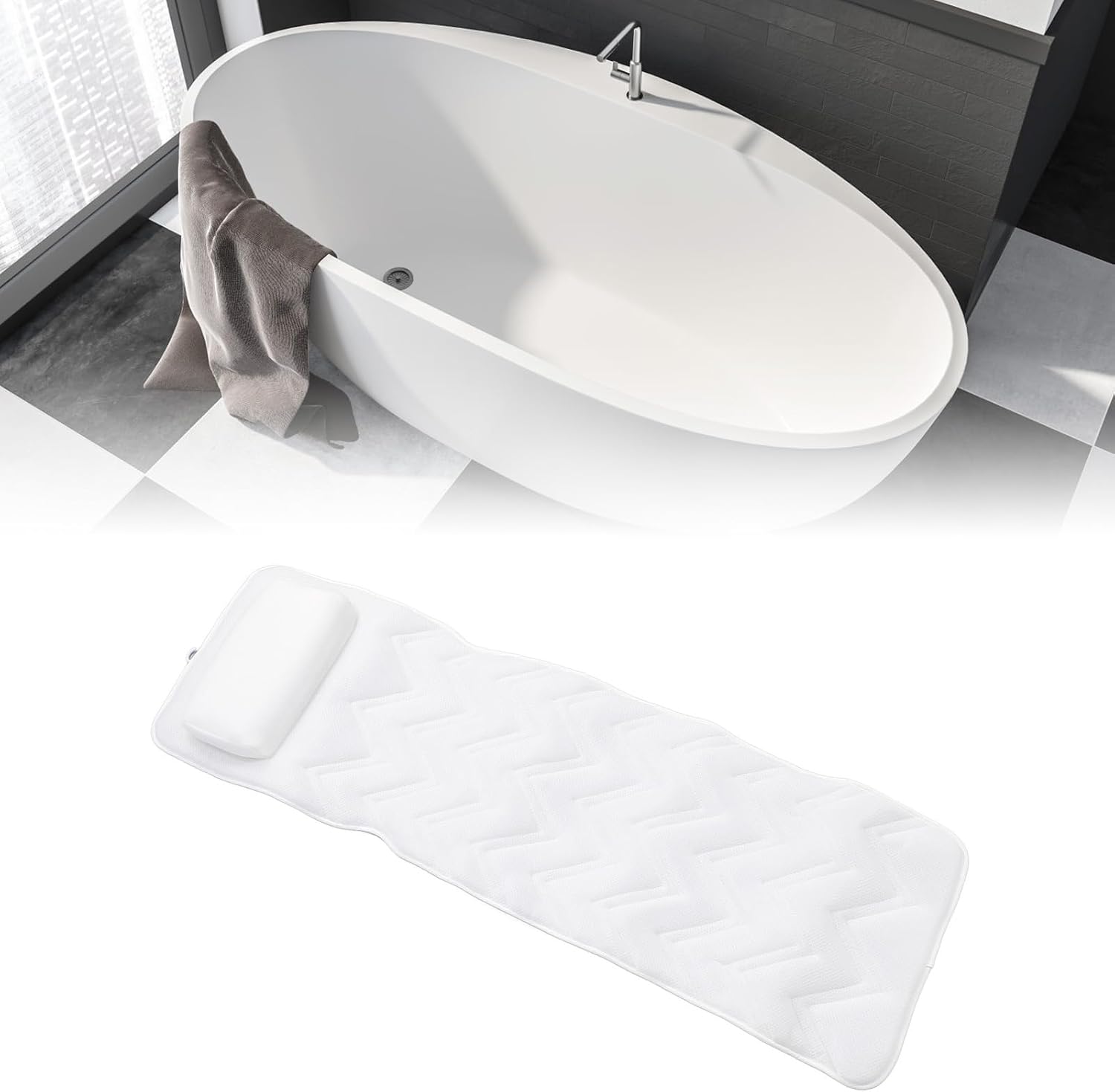 Ejoyous Full Body Bath Pillow, Spa Bathtub Pillow with Anti Slip Suction Cups, Luxury Bath Cushion Mat for Tub, White, Polyester, Neck/Back Support, Comfortable Spa Experience