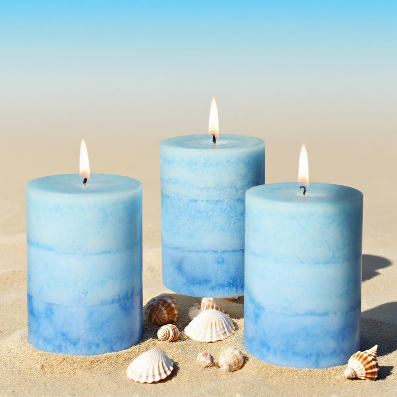 Blue Pillar Candles for Home Scented, Set of 3 Strong Ocean Fragrance Scented Candles, 50+ Hrs Long Burning Candles Set