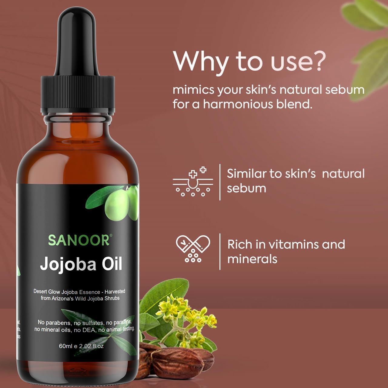 SANOOR Desert Organic Jojoba Oil | 100% Pure (2.02oz) | Cold-Pressed Moisturizer for Skin & Hair Care | Nutrient-Rich Pure Hair Butter | Hydrating Oil for Face, Body, and Scalp | 60ml