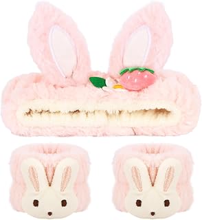 WHAVEL 3PCS Face Wash Headband and Wristband Set, Cute Rabbit Ears Headband for Washing Face Makeup Head band Wrist Towels Arm Bands (pink)