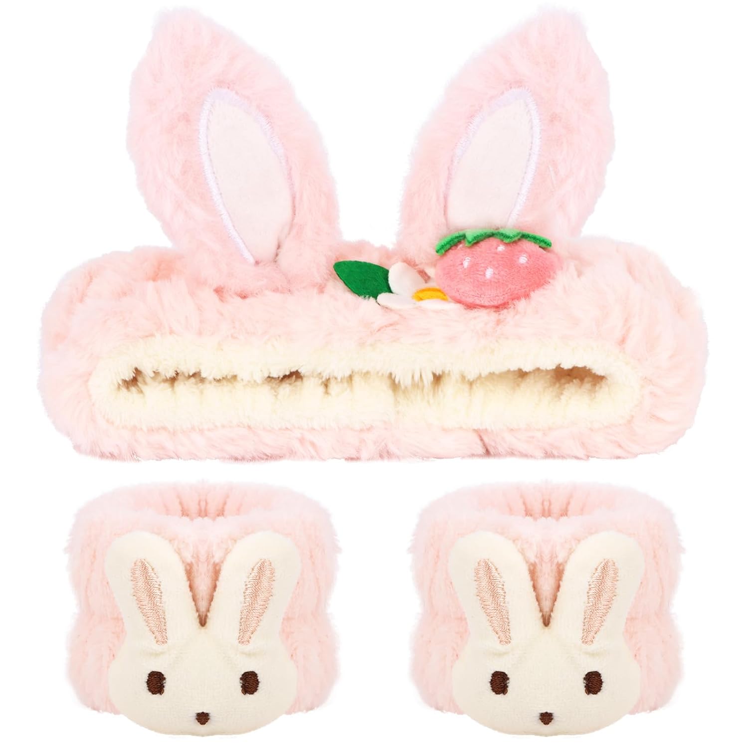 WHAVEL 3PCS Face Wash Headband and Wristband Set, Cute Rabbit Ears Headband for Washing Face Makeup Head band Wrist Towels Arm Bands (pink)