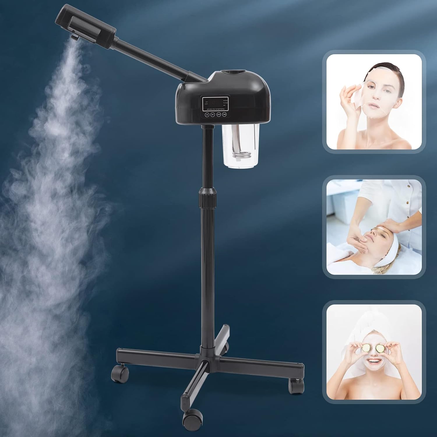 Professional Facial Steamer,Face Steamer for Facial with Hot Mist Function,Free-Standing Ozone Facial Steamer On Wheels,360° Rotatable Nozzle for Beauty Salon or Home (Black)