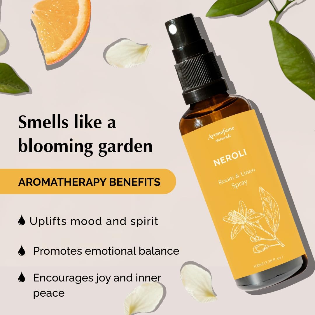 Neroli Room, Linen & Pillow Spray by Aromafume | 100ml / 3.38 fl oz | with Pure Neroli Essential Oil | Aromatherapy Spray for Upliftment, Positivity | Mist for Bedding, Fabrics | Air Freshener