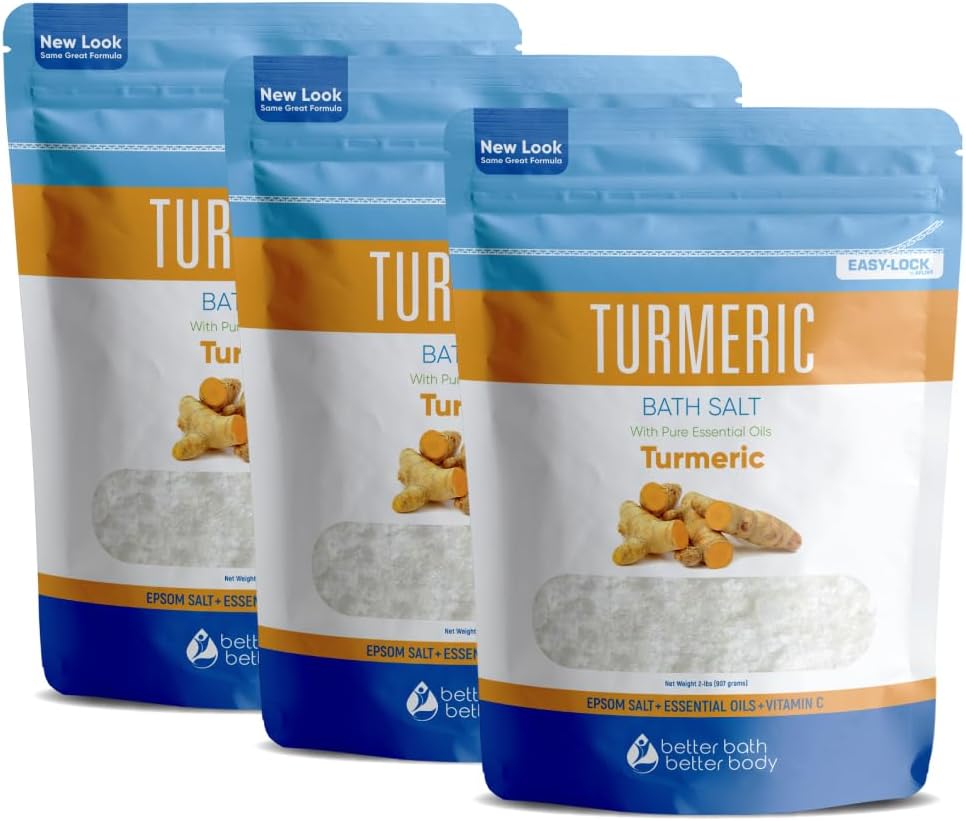 Turmeric Bath Salt (3 Pack 6 Lbs Total) Soothing Bath Aromatherapy Pure Essential Oils in BPA Free Pouch with Press Lock Seal Made in USA Three 2 Lbs Bundle