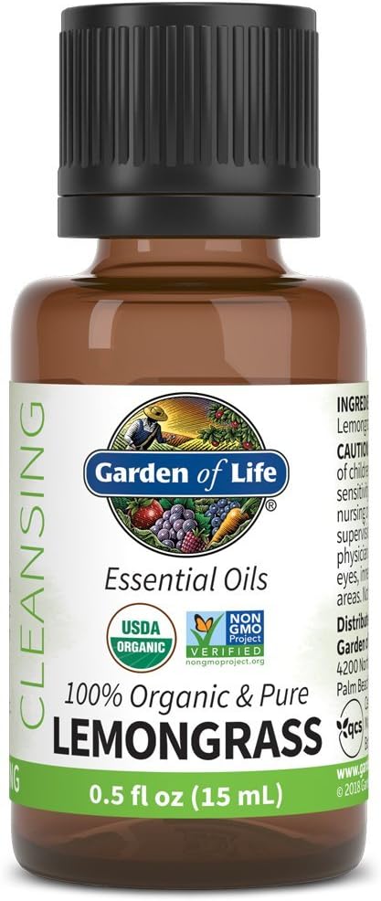 Garden of Life Essential Oil, Lemongrass 0.5 fl oz (15 mL), 100% USDA Organic & Pure, Clean, Undiluted & Non-GMO - for Diffuser, Aromatherapy, Meditation - Cleansing, Relaxing, Calming, Cleaning